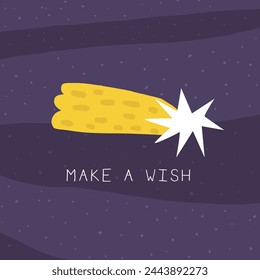 Cute space postcard with funny hand drawn doodle comet, meteorite, asteroid, bolide. Make a wish card. Cosmic, universe, night sky cover, template, banner, poster, print. 