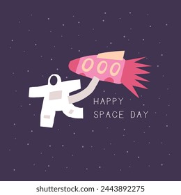 Bonita postal espacial con divertida mano dibujado doodle nave espacial, nave espacial, cosmonauta, astronauta. Feliz día del espacio. Cósmico, universo, cubierta del cielo de la noche, plantilla, banner, póster, impresión. Estilo de dibujos animados