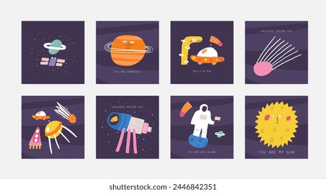Cute space postcard with funny hand drawn doodle sun, saturn, comet, ufo, telescope, cosmonaut. Cosmic, universe, night sky cover, template, banner, poster, print. Cartoon style background, t shirt pr