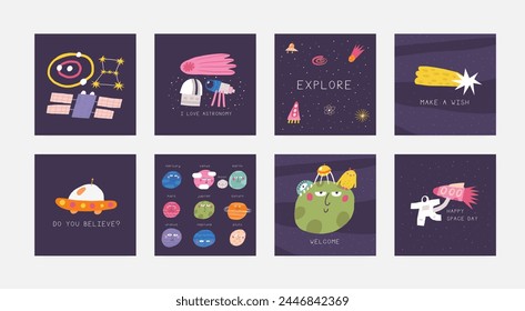 Cute space postcard with funny hand drawn doodle planet, alien, falling star, cosmonaut, satellite. Cosmic, universe, night sky cover, template, banner, poster, print. Cartoon style background, t shir
