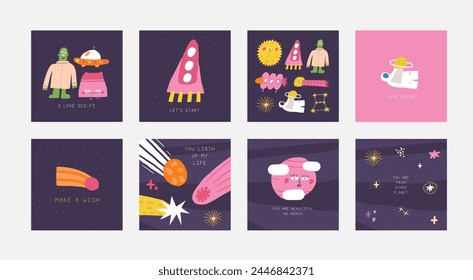 Cute space postcard with funny hand drawn doodle rocket, cosmonaut, comet, venus, alien. Cosmic, universe, night sky cover, template, banner, poster, print. Cartoon style background, t shirt print com