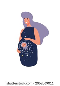 Cute space pregnant woman. Baby astronaut in the womb with stars. Funny cartoon vector illustration isolated on white background. Maternity and pregnancy concept.
