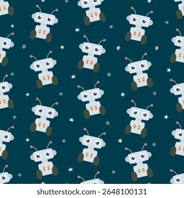 Cute Space Robot Seamless Pattern, Mini Robot and Stars Vector Background, Kids Cosmic Wallpaper