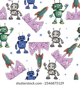 Patrón lindo de robots y cohetes espaciales sobre fondo blanco. Dibujos animados de robots, cohetes y planetas sin patrón