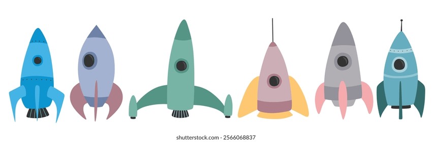 Cute space rocket vector character set with cartoon flat style.