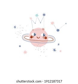 Cute space Saturn princess planet character vector illustration isolated on white background. Celestial bodies star constellation graphics for kid. Cosmic baby design 