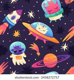 Cute space seamless pattern with aliens, rocket, star, planet and spaceship. Funny adventure cosmic print for baby textile and nursery fabric. Vector pattern