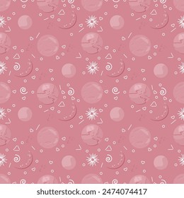 Cute space seamless pattern, aliens, spaceships and planets. Moon, stars earth on a rose background