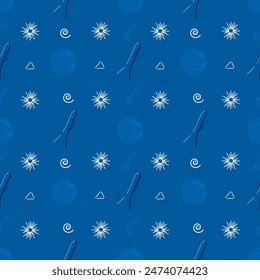 Cute space seamless pattern, aliens, spaceships and planets. Moon, stars, racket on a blue background