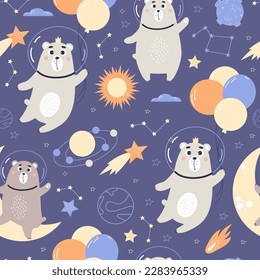 Cute space seamless pattern. Astronaut bears with balloons, stars and meteorites on dark blue background. Vector illustration for kids collection, design, decor, wallpaper, packaging and textile