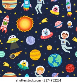 Cute space seamless pattern with astronauts, aliens and planets. Solar System background for kids. Cosmic print great for fabric and wrapping paper. Vector illustration