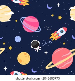 Cute Space seamless pattern background vector illustration. Flat  design of Planets, spaceship and astronaut 