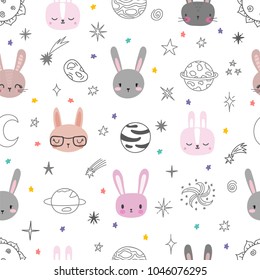 Cute space seamless pattern with cartoon bunnies. Abstract print with animals. Hand drawn nursery background with funny rabbits for little kids. Vector illustration