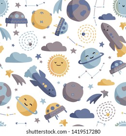 Cute space seamless pattern. Colorful kids background.