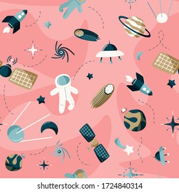 Cute space seamless pattern. Colorful kids background.