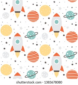 Cute space seamless pattern design - childish repeat pattern design with spaceship, planets, and stars