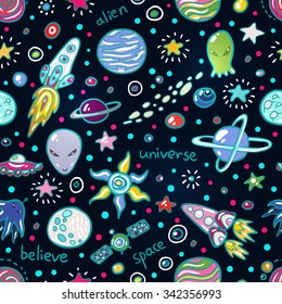 Cute Space seamless pattern. Funny background for kids who love outer space and adventure.
