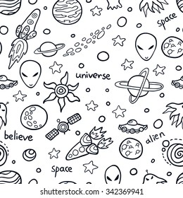 Cute Space seamless pattern. Funny background for kids who love outer space and adventure.