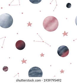 Cute space seamless pattern with planets and stars in watercolor style. Hand drawn Scandinavian style vector illustration.