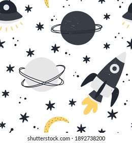 Cute Space Seamless Pattern With Rocket, Moon, Planets And Stars Isolated On White Background. Childish Hand Drawn Scandinavian Style Vector Illustration.