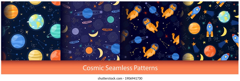 Cute Space Seamless Pattern Vector Illustration Set. Cartoon Rocket Spaceship And Cat In Astronaut Suit, Stars Planet Of Solar System, Cosmos Galaxy Exploration For Kids Template Design Background