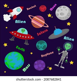 Cute space set. Aliens, ufo, earth, rockets, saturn, pluto, moon, stars. Picture on the background of the starry sky. Picture for prints, postcards, backgrounds.



