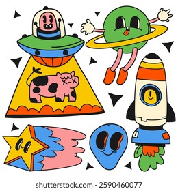 Cute space set. Space set with doodles aliens, flying saucers and etc. Trendy vector illustration.