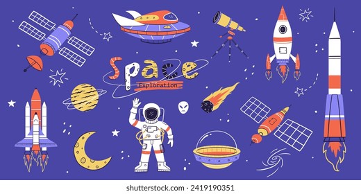 Cute Space set. Hand drawn. Doodle cartoon Space element for nursery posters, cards, kids t-shirts. Vector illustration. Isolated Space on white background.