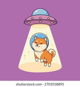 Espaço bonito Shiba Inu Vetor Ilustração Flutuando em UFO Beam com capacete no fundo roxo