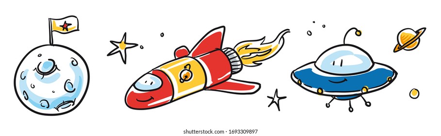 Cute space ship and alien set, with moon, planet and stars. Hand drawn cartoon sketch vector illustration, whiteboard marker style coloring. 