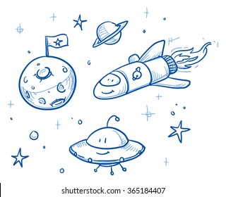 Cute space ship and alien set, with moon, planet and stars. Hand drawn vector cartoon doodle illustration