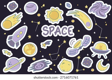 Cute Space Stickers Set with Planets, Rockets and Cosmic Elements in Cartoon Pastel Vector Style