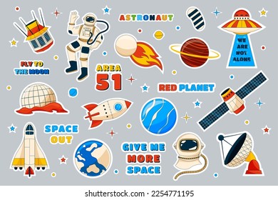 Cute space stickers. Spaceship and alien. Astronaut boy explore, rocket and planet, ship in cosmos, galaxy and stars. Adventure phrases collection. Vector cartoon garish illustration
