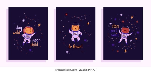 Cute space vector posters. Lion, tiger and bear astronaut in outer space, cartoon animal. Hand draw lettering. Ideal for kids concepts. International Day of Human Space Flight and Cosmonautics Day