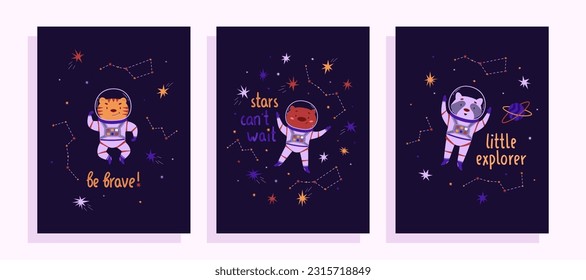 Cute space vector posters. Raccoon, tiger and bear astronaut in outer space, cartoon animal. Hand draw lettering. Ideal for kids concepts. International Day of Human Space Flight and Cosmonautics Day