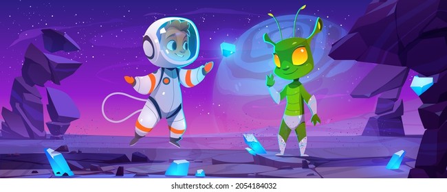Cute spaceman and alien characters on planet at night. Vector cartoon landscape with rocks, blue crystals, stars in sky, boy astronaut in spacesuit and green extraterrestrial