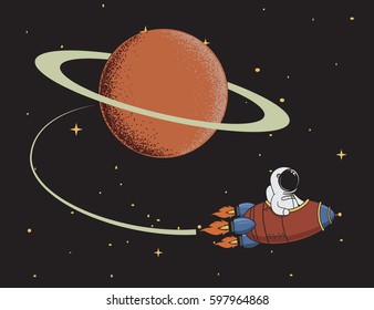 Cute spaceman come back after mission to Saturn. Science color vector illustration