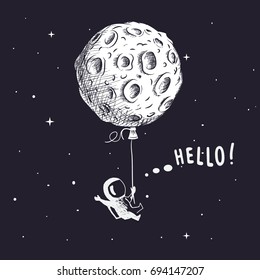Cute spaceman flies with the moon like a balloon. Hand drawn style.Prints design.Childish vector illustration