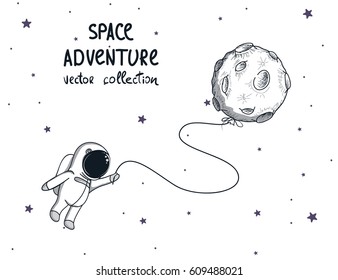 Cute spaceman fly with balloon like a moon.Childish vector illustration