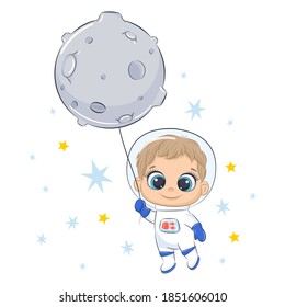 Cute spaceman flying on the moon. Childish illustration