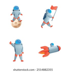 Cute spaceman icons set cartoon vector. Astronaut with flag and flying rocket. Cartoon character