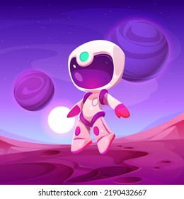 Cute spaceman jump on alien planet ground. Vector cartoon illustration of futuristic galaxy background with planet landscape, little astronaut, stars and moon in sky