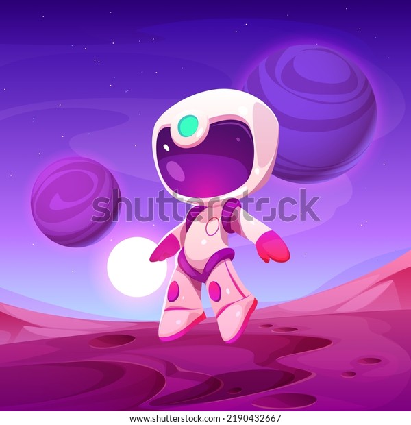 Cute spaceman jump on\
alien planet ground. Vector cartoon illustration of futuristic\
galaxy background with planet landscape, little astronaut, stars\
and moon in sky