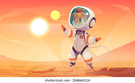 Cute spaceman on Mars surface. Vector cartoon alien planet landscape with red ground and mountains and boy astronaut in spacesuit. Futuristic illustration of cosmonaut in martian desert