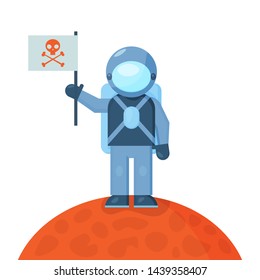 cute spaceman on the orange planet with skull and bones flag