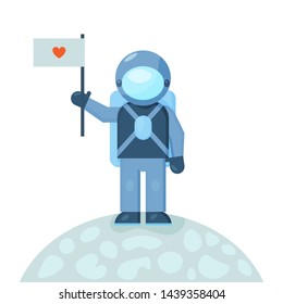 cute spaceman on the planet with love flag
