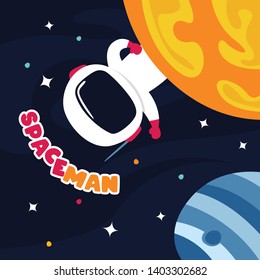 Cute spaceman in outer space with some planets and stars