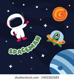 Cute spaceman in outer space with some planets and stars