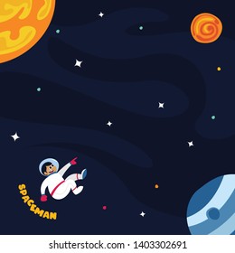 Cute spaceman in outer space with some planets and stars