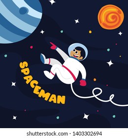 Cute spaceman in outer space with some planets and stars
